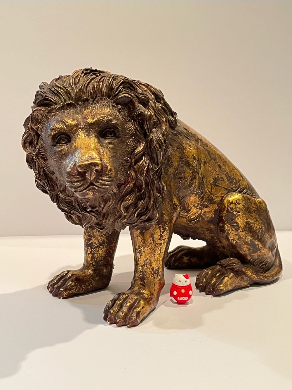Majestic Crouching Male Lion Statue – Antique Bronze & Gold Leaf Finish –Regal
